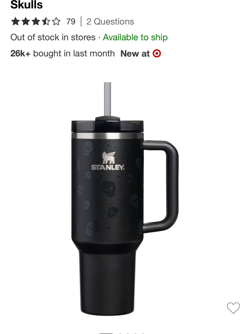 Stanley Black Skull Travel Mug with Handle and Straw Lid
